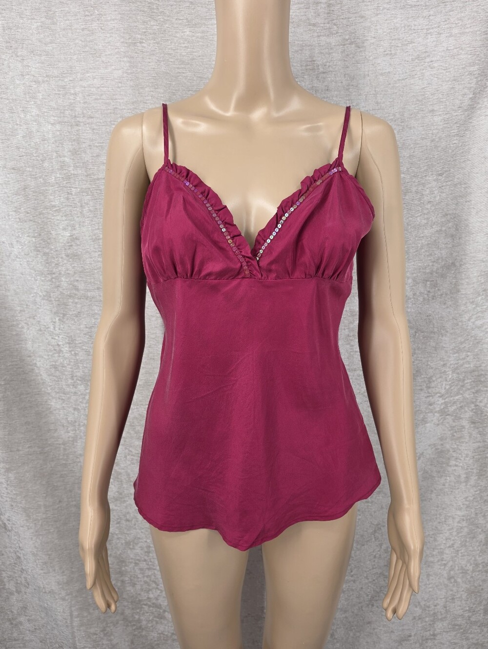 Y2K Silk Babydoll Spaghetti Strap Camisole Tank Top Sequin Trim in Cranberry